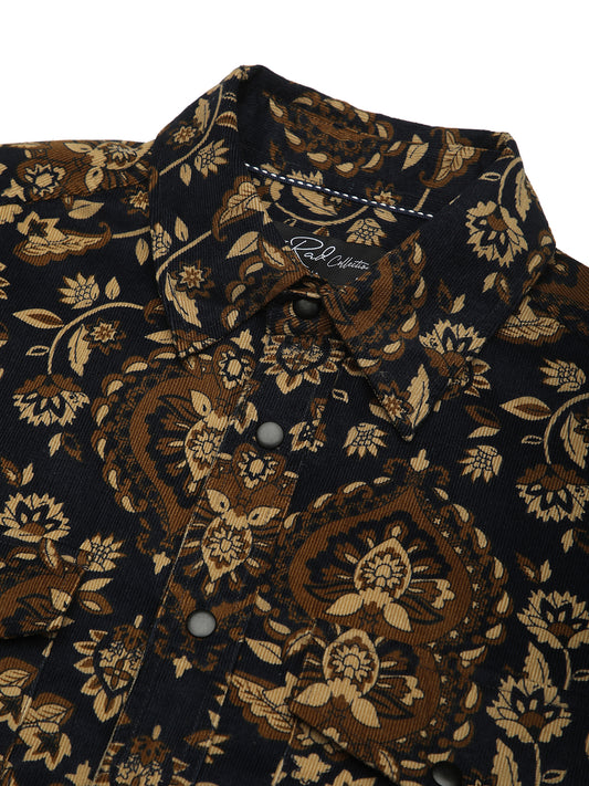 Navy Floral Paisley Printed Double Pocket Corduroy Shirt
