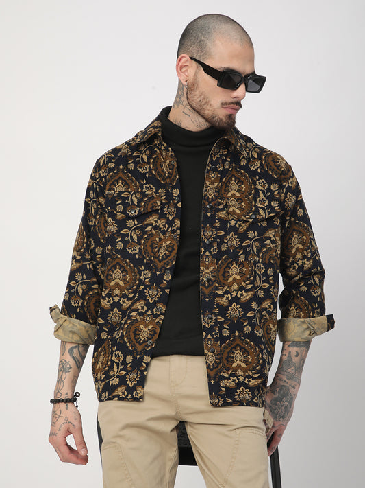Navy Floral Paisley Printed Double Pocket Corduroy Shirt