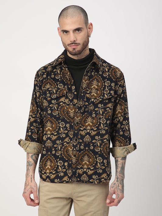 Navy Floral Paisley Printed Double Pocket Corduroy Shirt