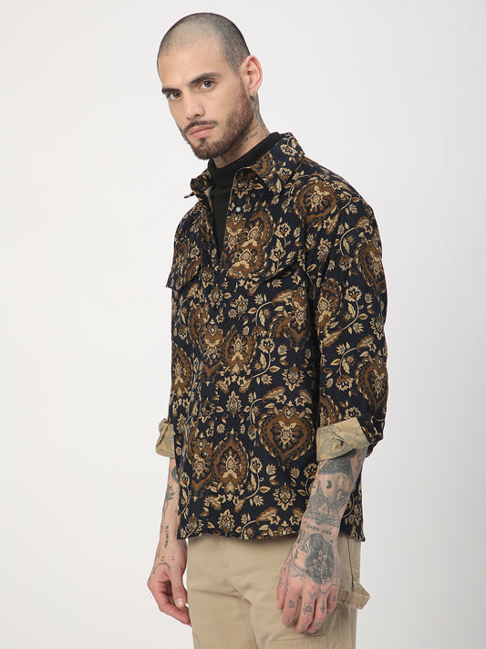 Navy Floral Paisley Printed Double Pocket Corduroy Shirt