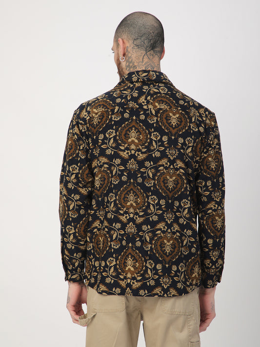 Navy Floral Paisley Printed Double Pocket Corduroy Shirt