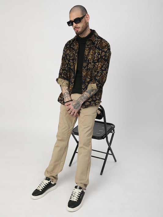 Navy Floral Paisley Printed Double Pocket Corduroy Shirt
