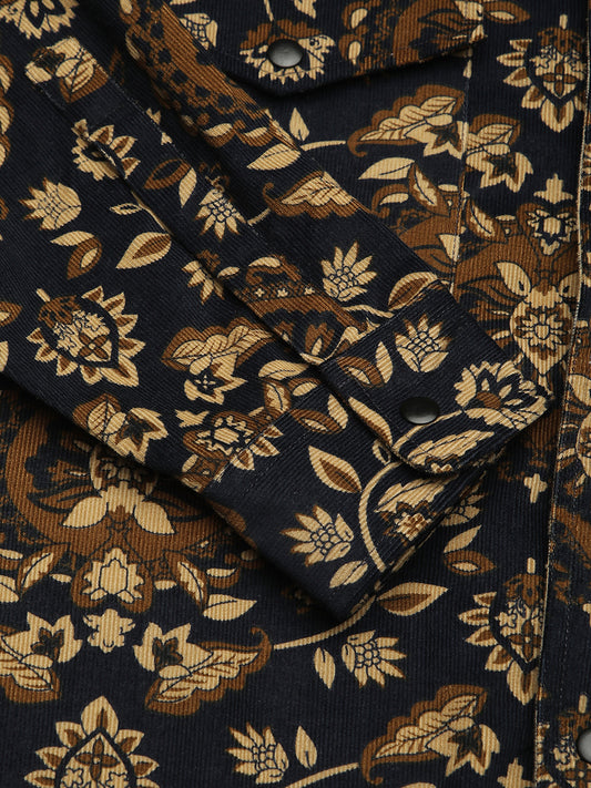 Navy Floral Paisley Printed Double Pocket Corduroy Shirt
