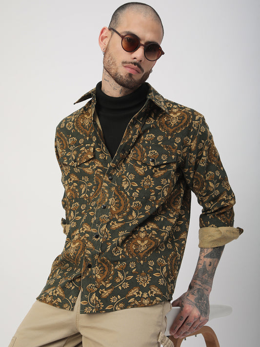 Olive Floral Paisley Printed Double Pocket Corduroy Shirt