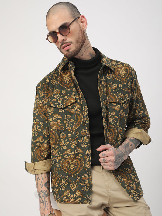 Olive Floral Paisley Printed Double Pocket Corduroy Shirt