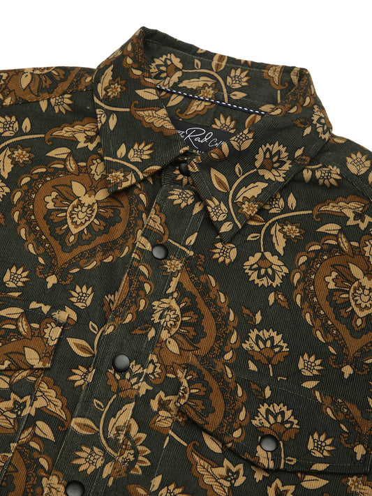 Olive Floral Paisley Printed Double Pocket Corduroy Shirt