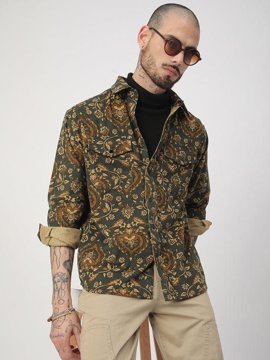 Olive Floral Paisley Printed Double Pocket Corduroy Shirt