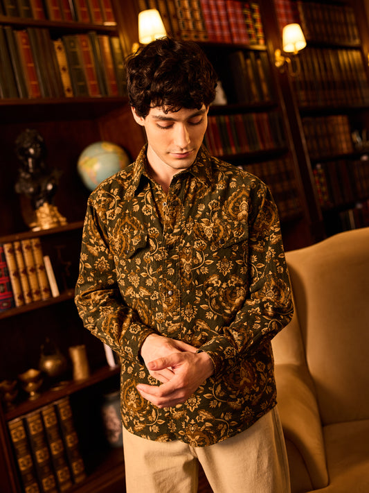 Olive Floral Paisley Printed Double Pocket Corduroy Shirt