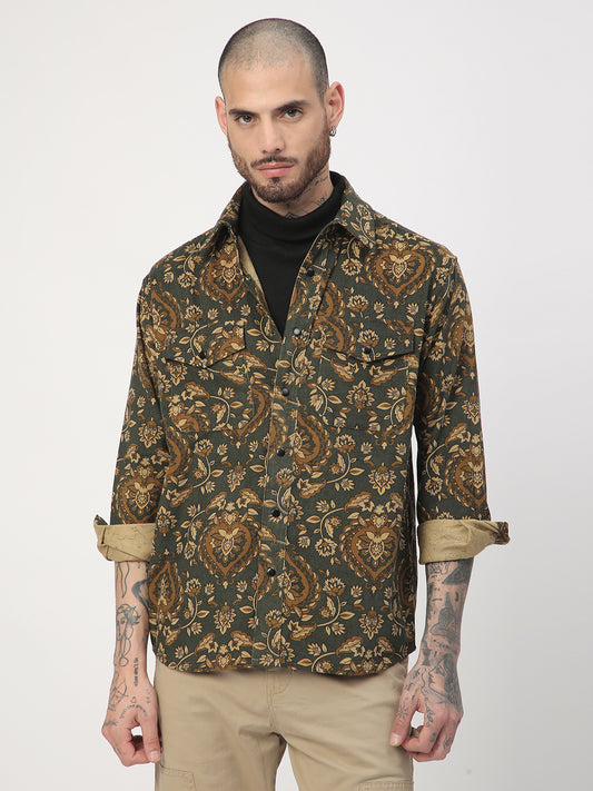 Olive Floral Paisley Printed Double Pocket Corduroy Shirt