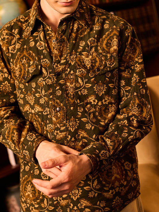 Olive Floral Paisley Printed Double Pocket Corduroy Shirt