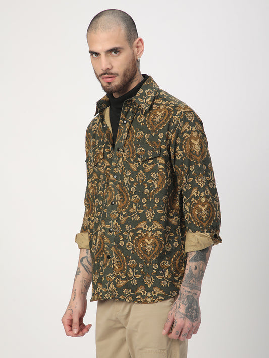 Olive Floral Paisley Printed Double Pocket Corduroy Shirt