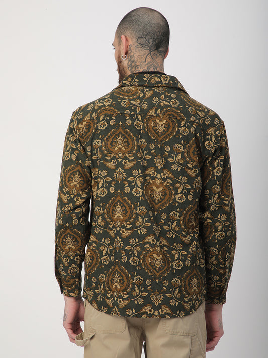 Olive Floral Paisley Printed Double Pocket Corduroy Shirt