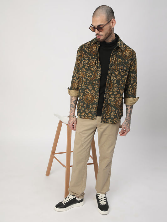 Olive Floral Paisley Printed Double Pocket Corduroy Shirt
