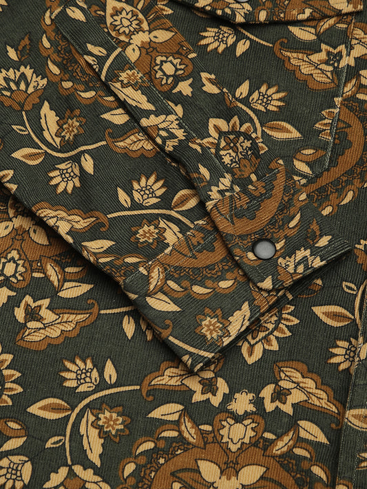 Olive Floral Paisley Printed Double Pocket Corduroy Shirt