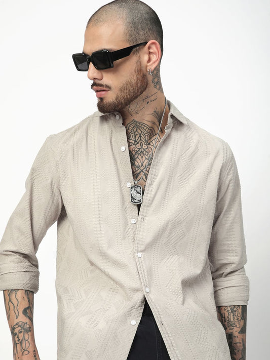 Premium Cotton Harbour Grey Geometric Embroidered Shirt