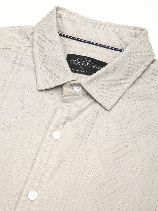 Premium Cotton Harbour Grey Geometric Embroidered Shirt