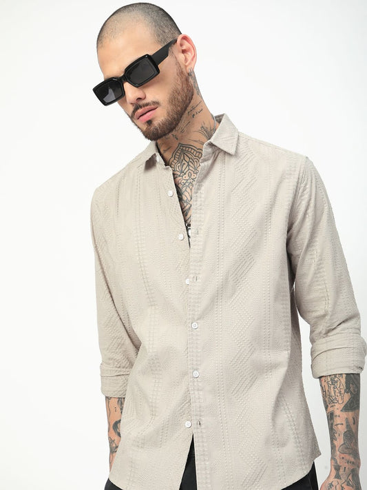 Premium Cotton Harbour Grey Geometric Embroidered Shirt