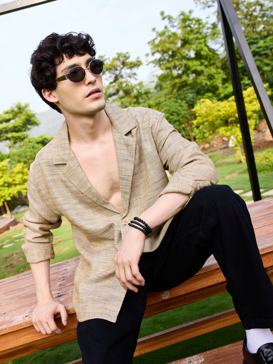 Tan Beige Melange Burlap Oversized Notched Lapel Collar Shirt
