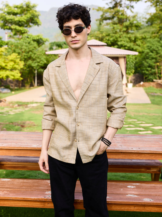 Tan Beige Melange Burlap Oversized Notched Lapel Collar Shirt