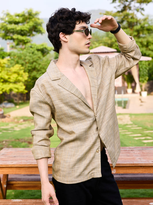 Tan Beige Melange Burlap Oversized Notched Lapel Collar Shirt