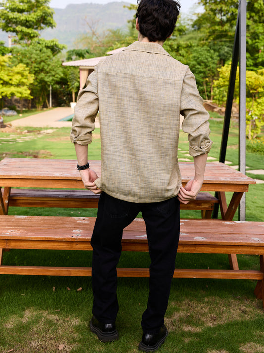 Tan Beige Melange Burlap Oversized Notched Lapel Collar Shirt
