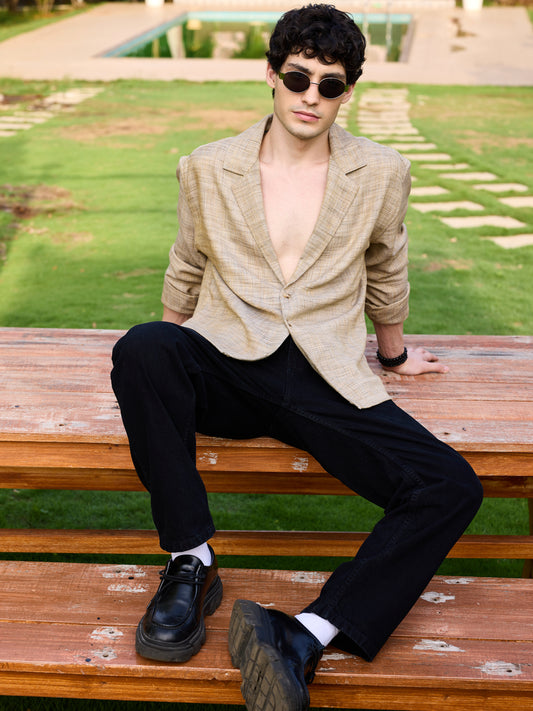 Tan Beige Melange Burlap Oversized Notched Lapel Collar Shirt
