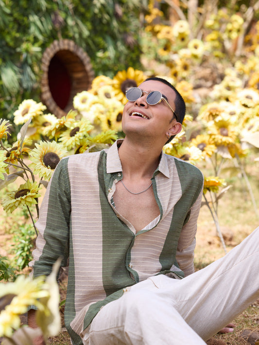 Suave Olive & Beige Horizontal Striped Dobby Shirt