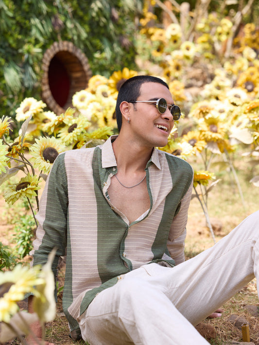 Suave Olive & Beige Horizontal Striped Dobby Shirt