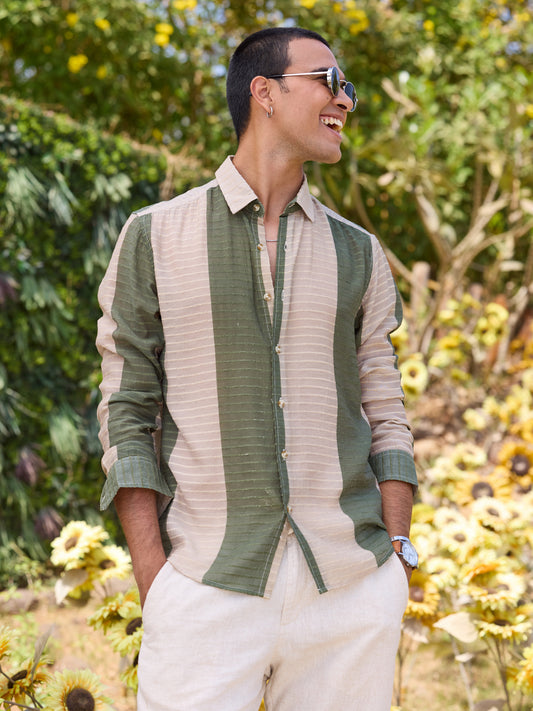 Suave Olive & Beige Horizontal Striped Dobby Shirt