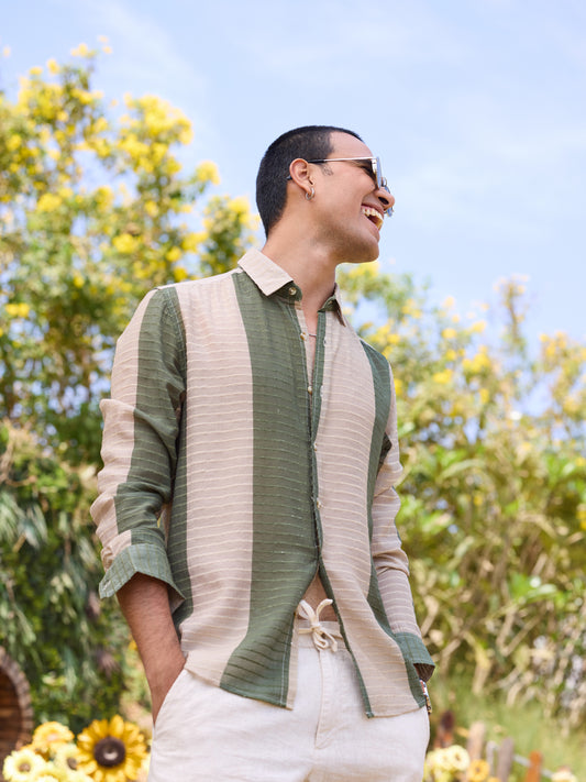 Suave Olive & Beige Horizontal Striped Dobby Shirt