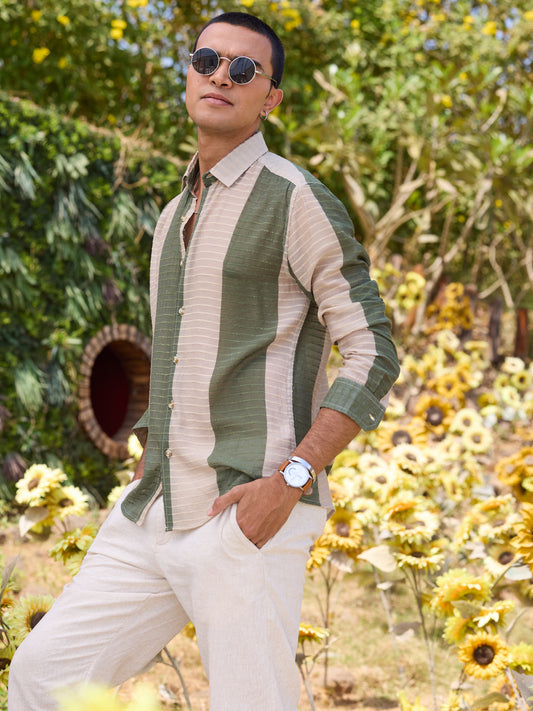 Suave Olive & Beige Horizontal Striped Dobby Shirt