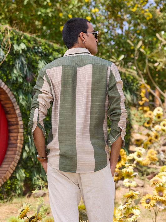 Suave Olive & Beige Horizontal Striped Dobby Shirt