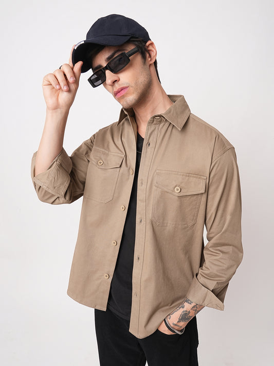 Super Soft Peanut Brown Double Pocket Overshirt