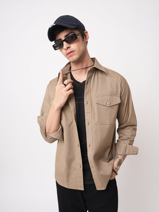 Super Soft Peanut Brown Double Pocket Overshirt
