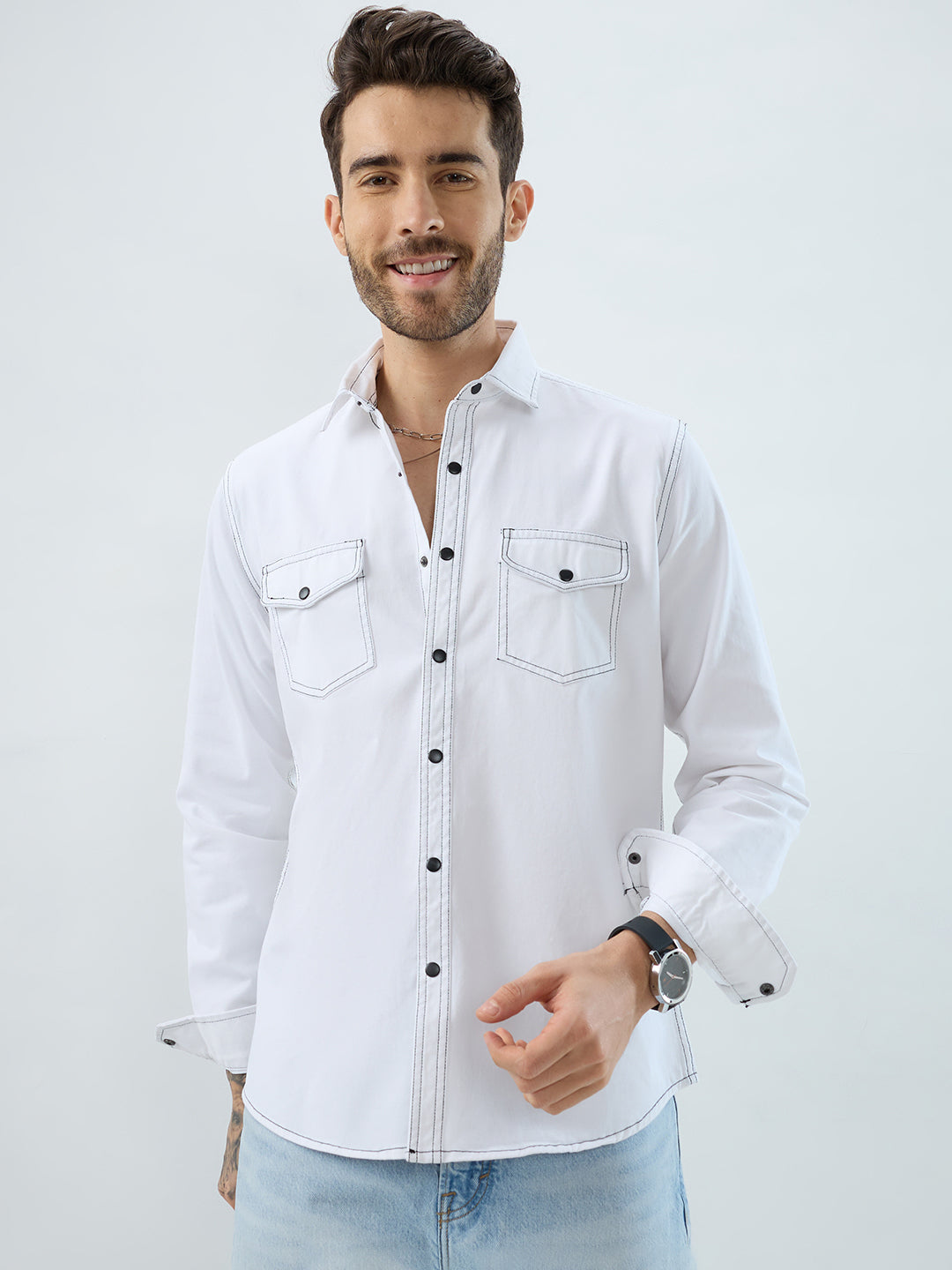White Contrast Stitch Double Pocket Overshirt