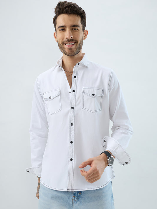 White Contrast Stitch Double Pocket Overshirt