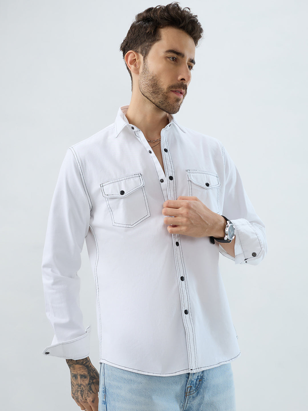 White Contrast Stitch Double Pocket Overshirt
