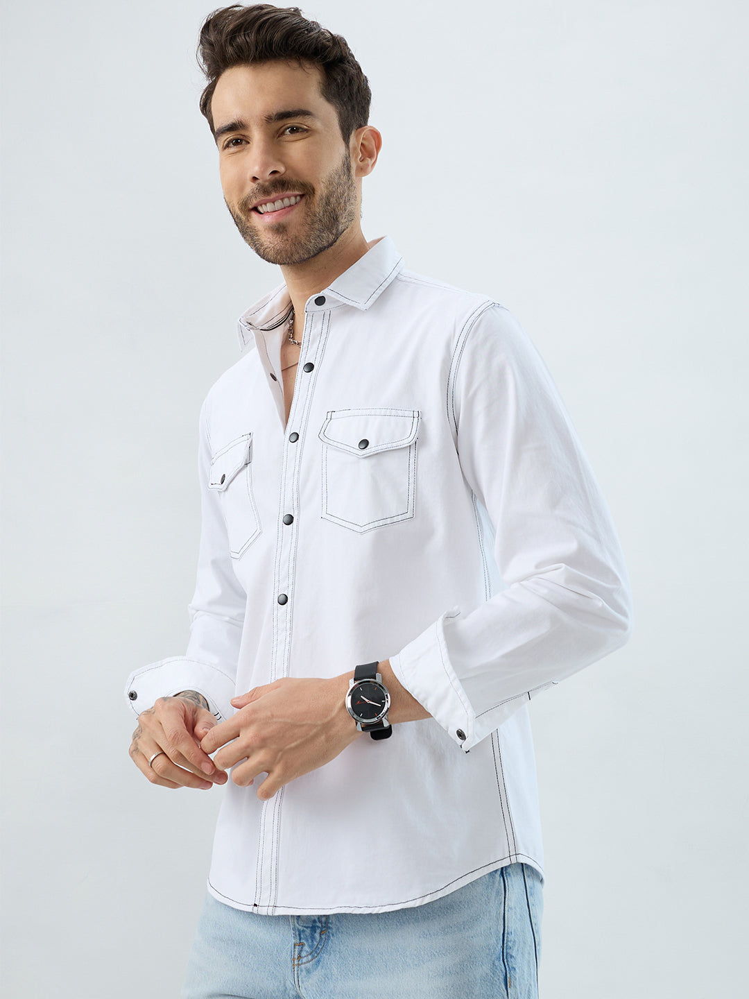 White Contrast Stitch Double Pocket Overshirt