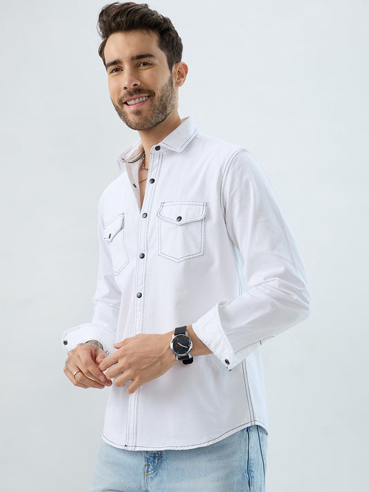 White Contrast Stitch Double Pocket Overshirt