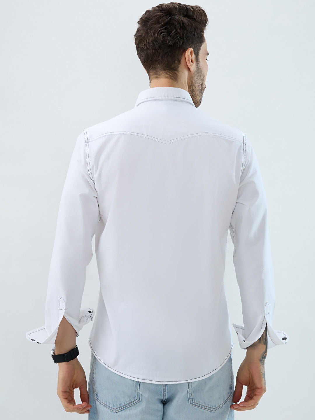 White Contrast Stitch Double Pocket Overshirt