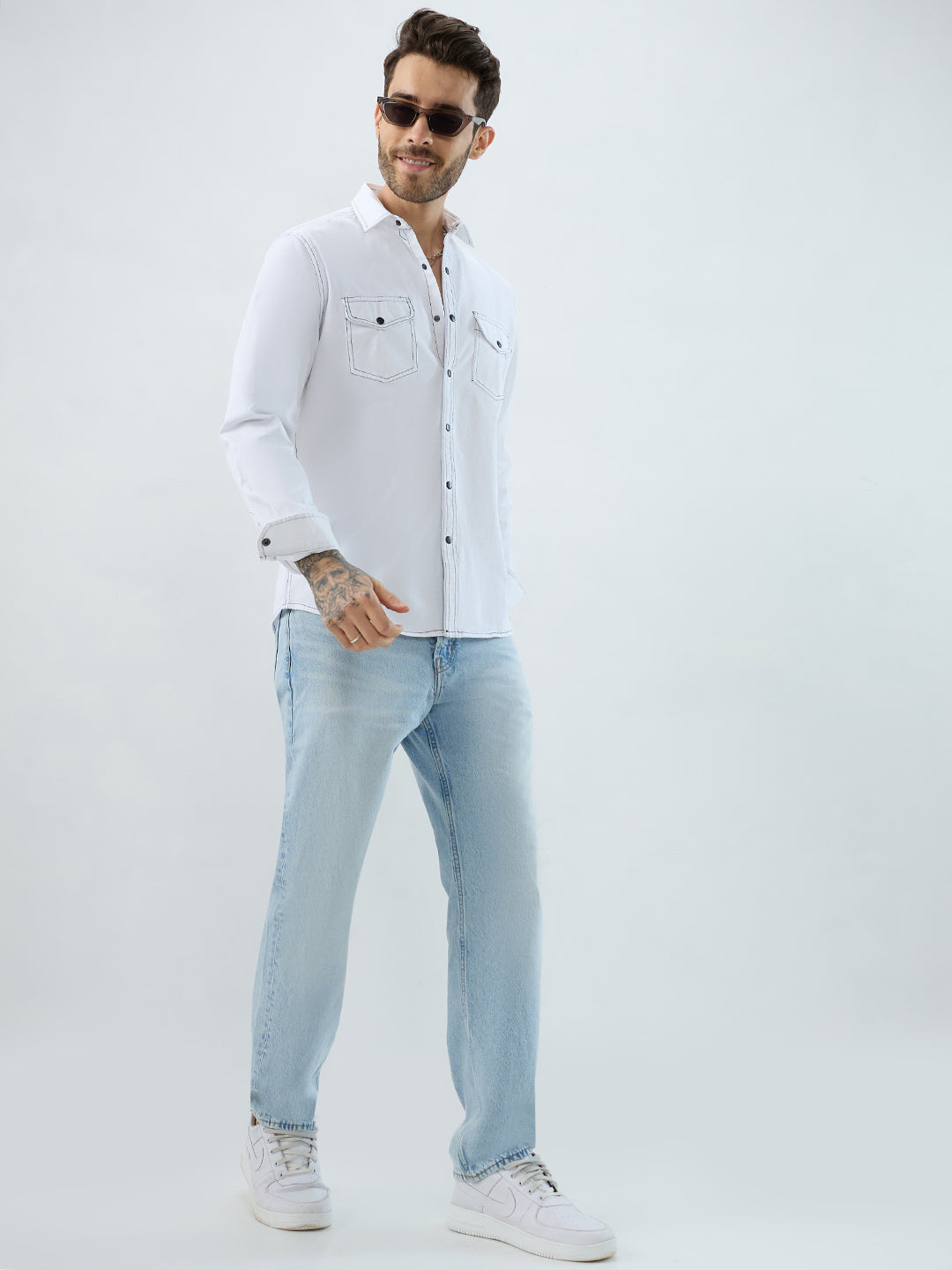 White Contrast Stitch Double Pocket Overshirt