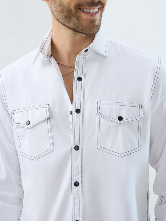 White Contrast Stitch Double Pocket Overshirt