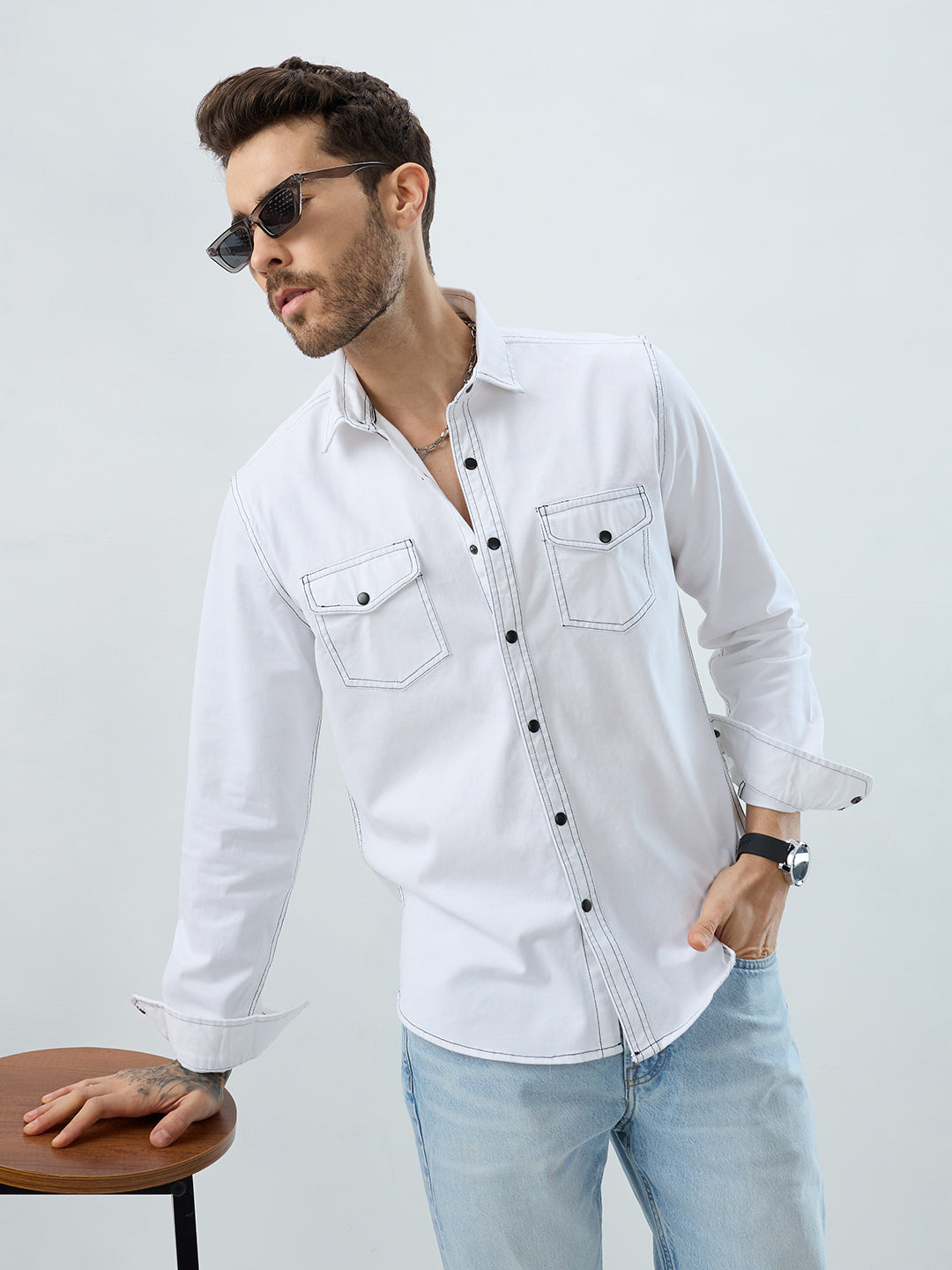 White Contrast Stitch Double Pocket Overshirt