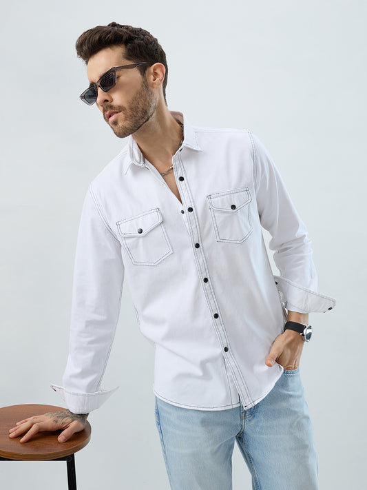 White Contrast Stitch Double Pocket Overshirt