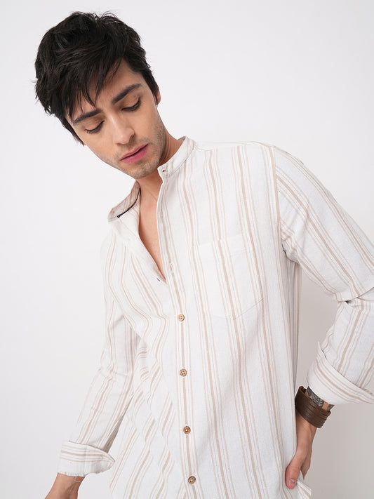 Beige & White Stripes Mandarin Shirt