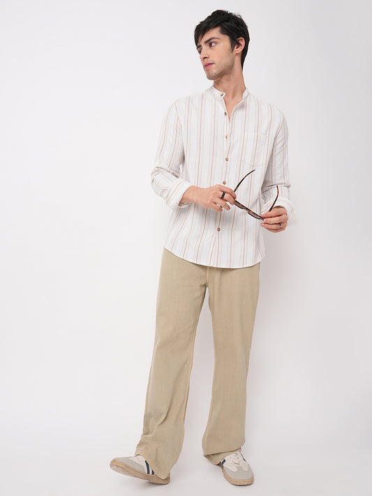 Beige & White Stripes Mandarin Shirt
