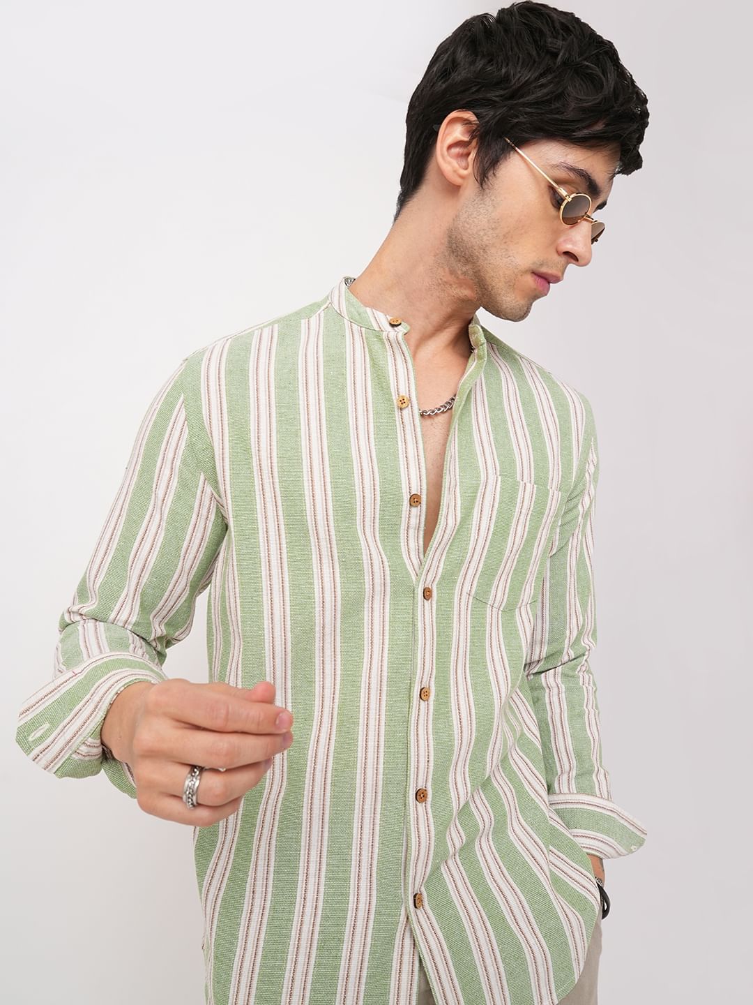 Green & White Vertical Stripes Mandarin Shirt