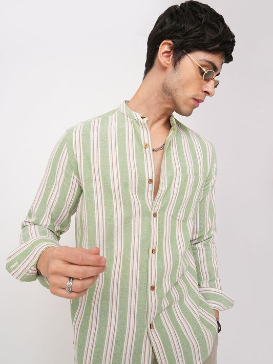 Green & White Vertical Stripes Mandarin Shirt