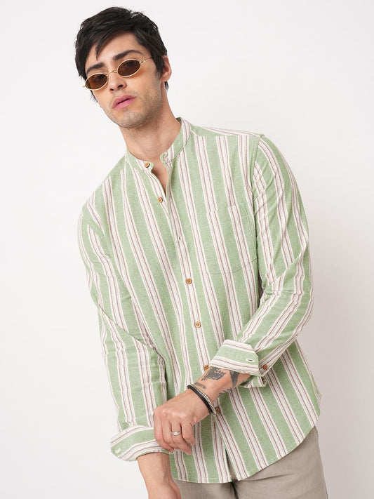 Green & White Vertical Stripes Mandarin Shirt