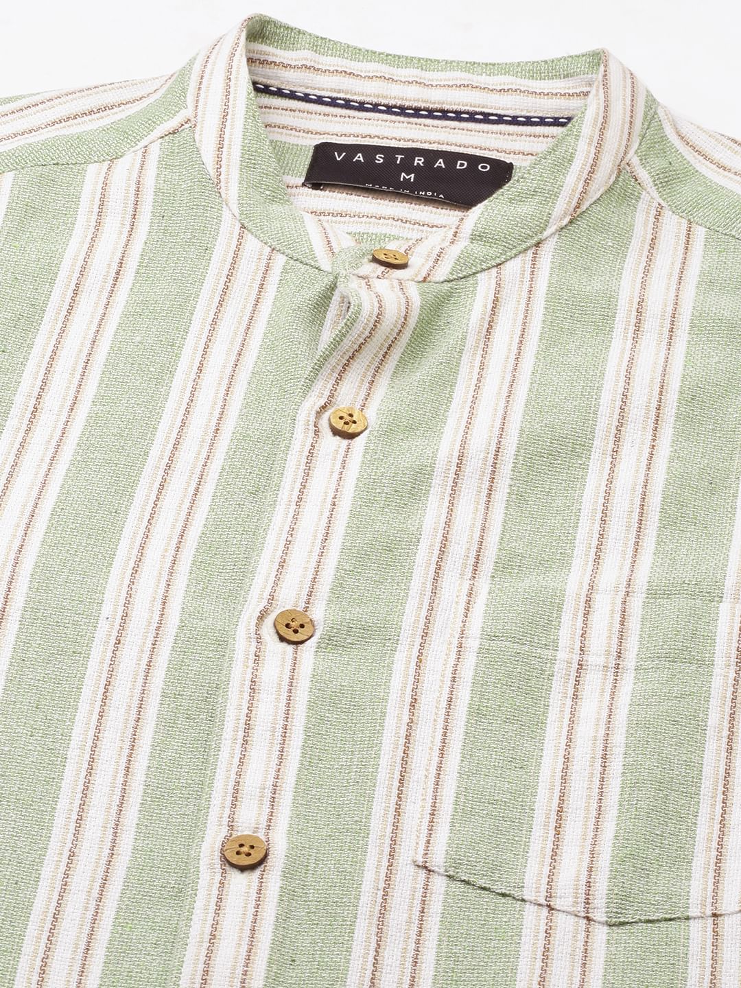 Green & White Vertical Stripes Mandarin Shirt